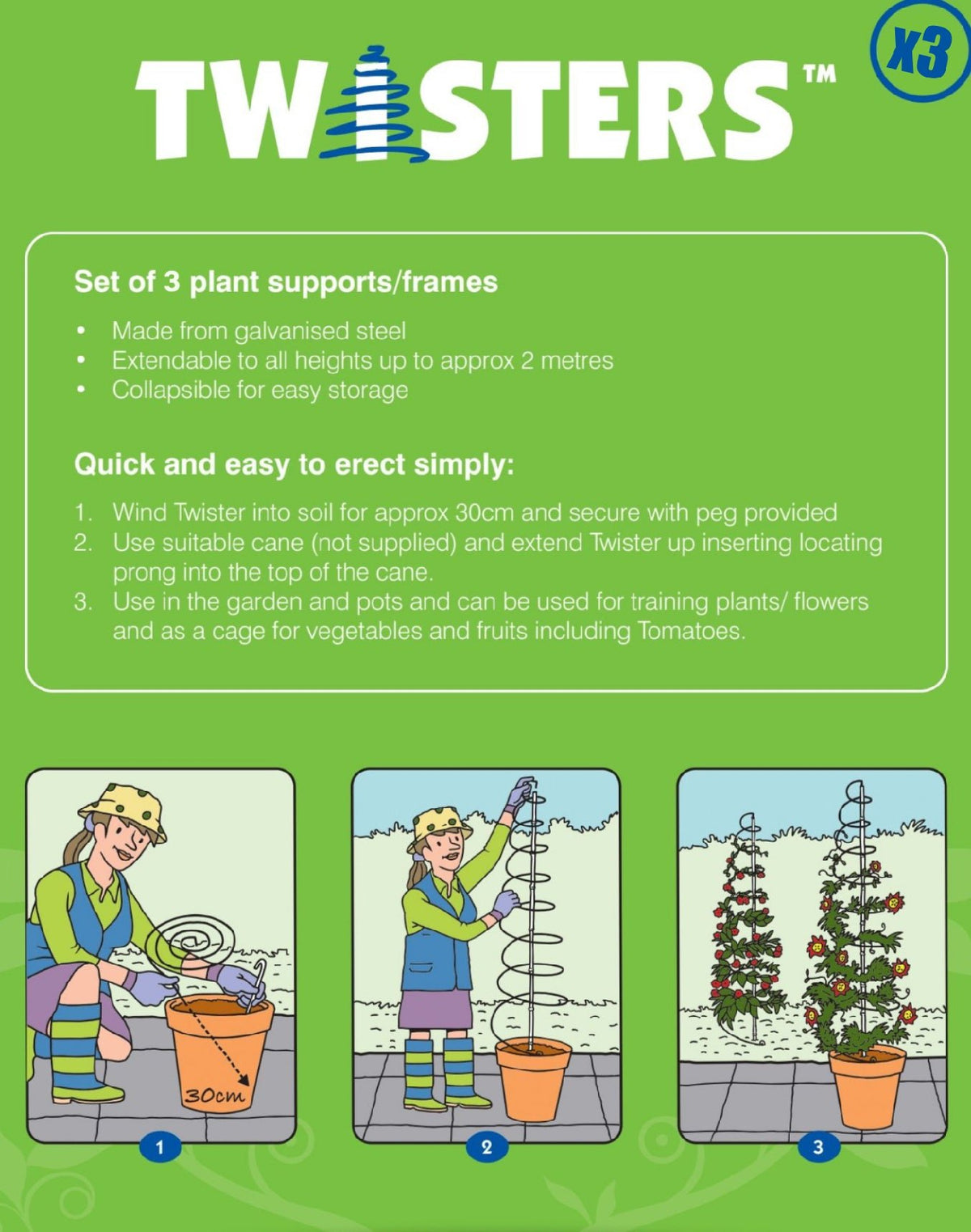 Twisters Extendable Plant Supports – Set of 3 - Power Planter Augers