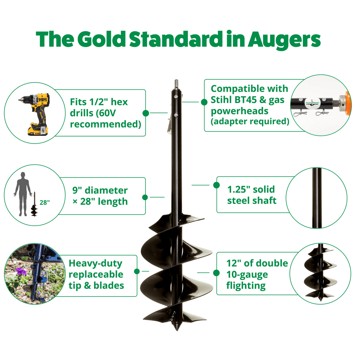 8 Inch Auger with Heavy-Duty Tip (8" x 28") - Power Planter Augers