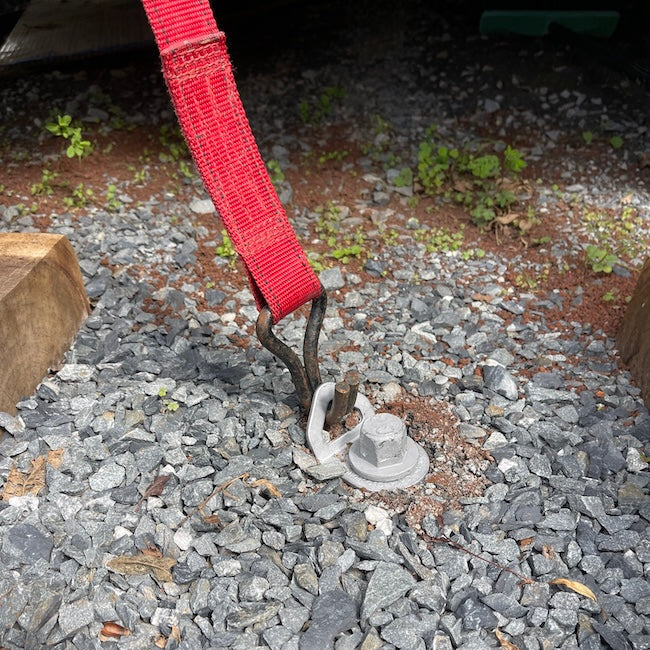 Closed-Hook-Tie-Down-Point-GroundGrabba-adaptor-galvanised-shown -attached-to-a -installed-GroundGrabba-with-ratchet-strap-connected-01