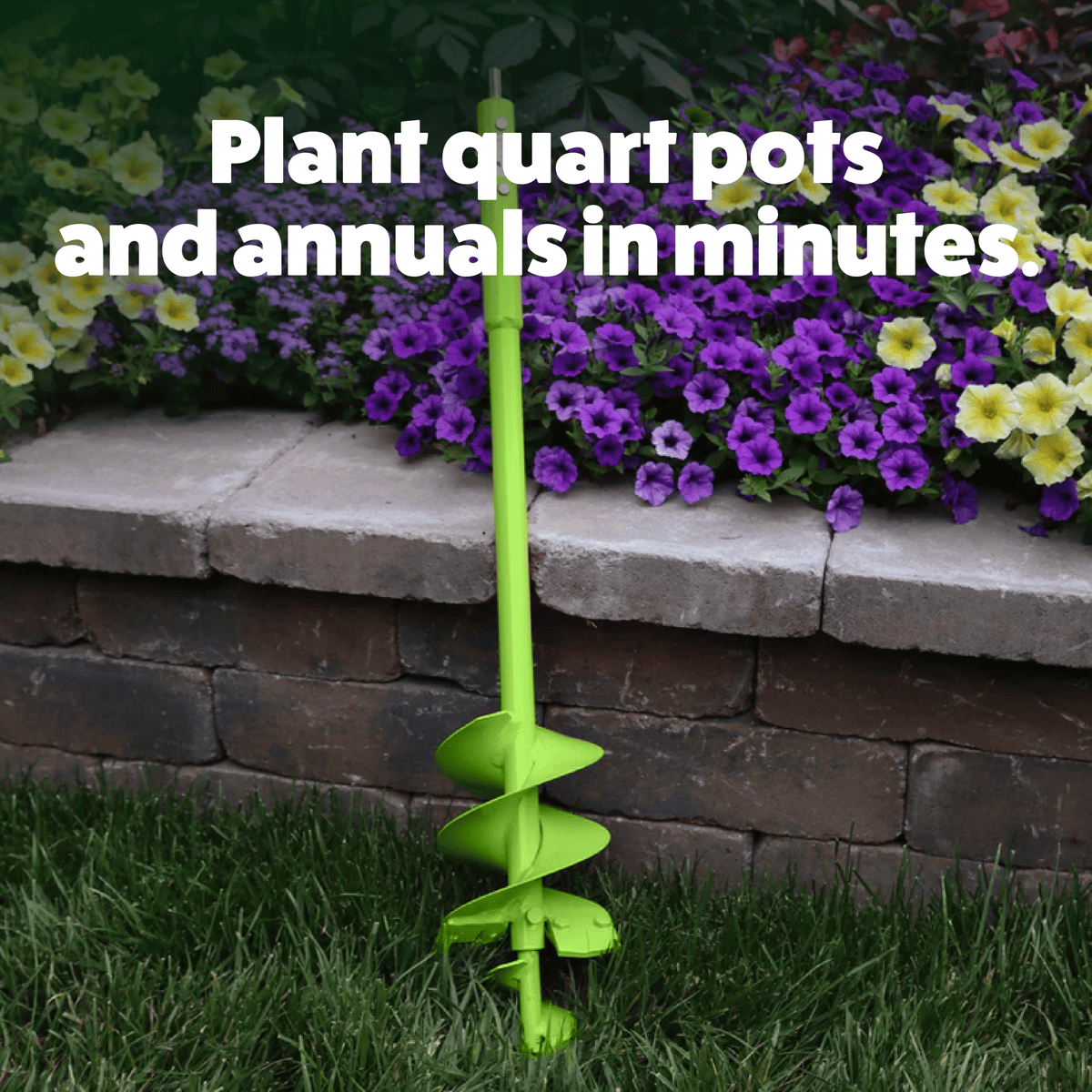 Green gardening tool with text overlay on a background of flowers and stone wall