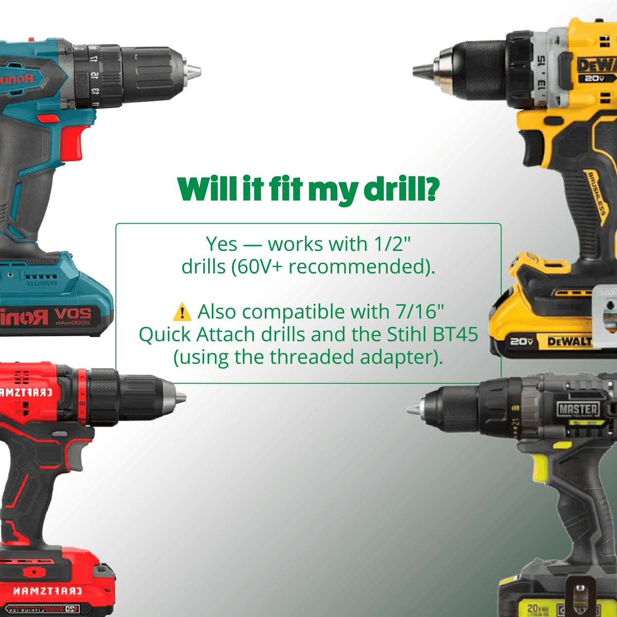 Four different cordless drills with compatibility information on a gray background