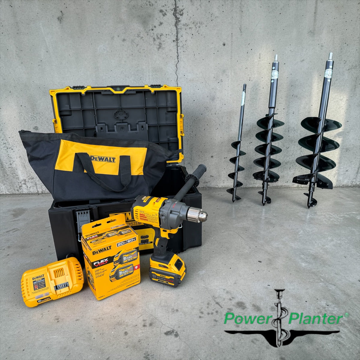 Ultimate Professional Landscape Auger Bundle (Heavy Duty Tips) DEWALT DCD130T1 60V MAX* , 3"x 24", 5"x 28" and 7"x 28")