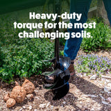 Person using a garden auger with text 'Heavy-duty torque for the most challenging soils' in a garden setting.