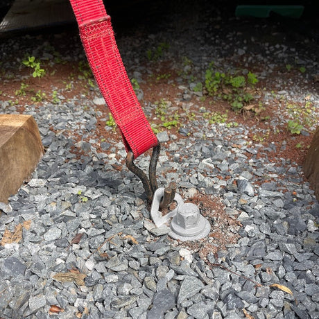 Closed-Hook-Tie-Down-Point-GroundGrabba-adaptor-galvanised-shown -attached-to-a -installed-GroundGrabba-with-ratchet-strap-connected-01