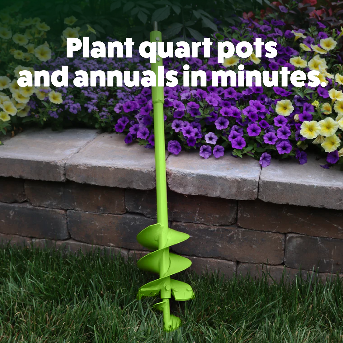 Green gardening tool with text overlay on a background of flowers and stone wall