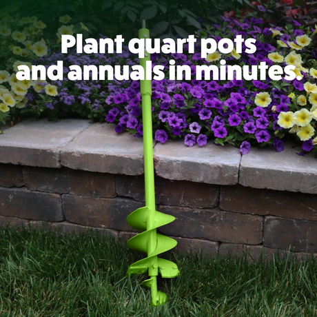 Green gardening tool with text overlay on a background of flowers and stone wall