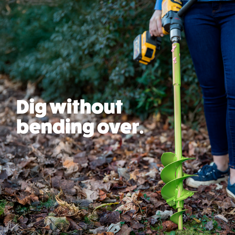 Jenny using a garden digging tool with text 'Dig without bending over' in an outdoor setting.