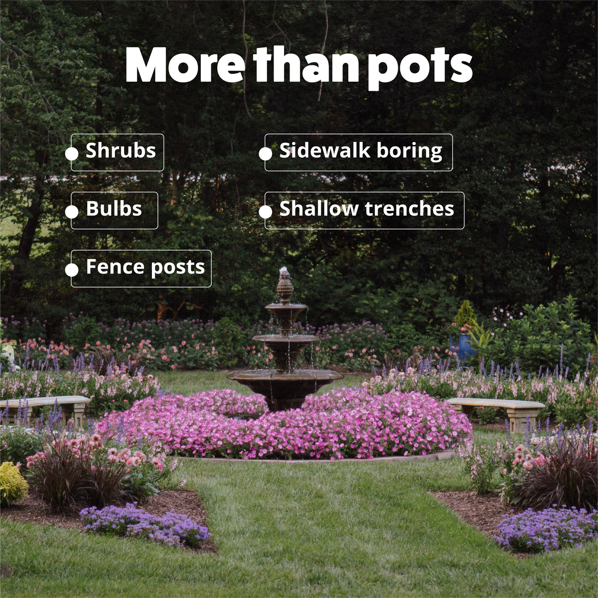Garden scene with a fountain and text overlay about garden elements.