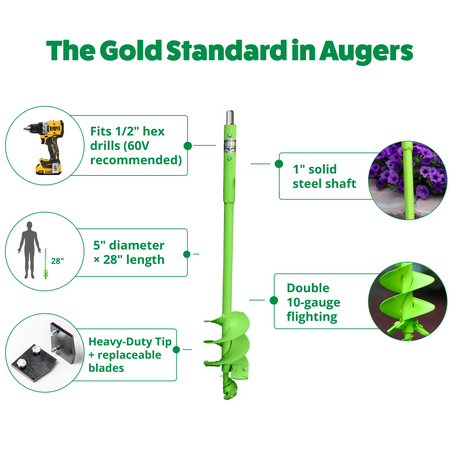 Green auger with features highlighted on a white background