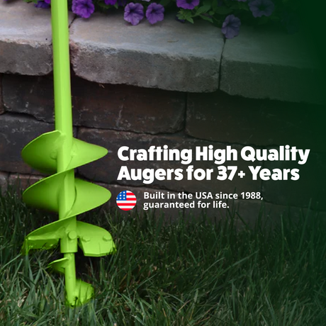 Green gardening auger with text about quality and USA manufacturing on a grassy background