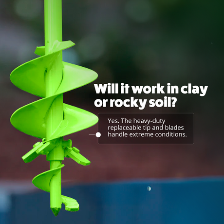 Green auger drill bit with text about soil compatibility