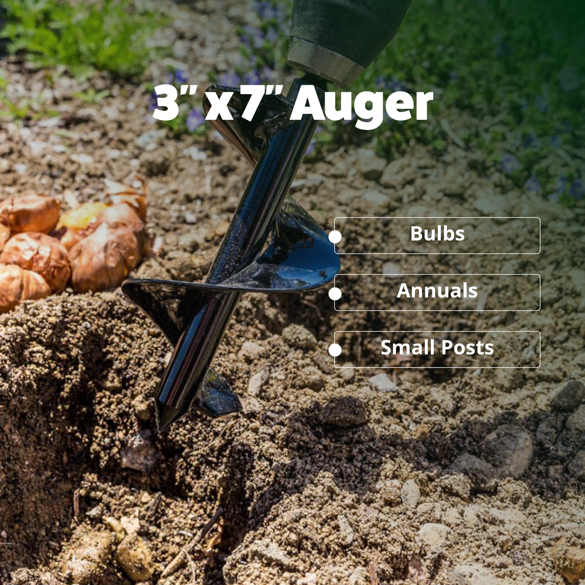 3x7 auger tool in use with soil and plants in the background