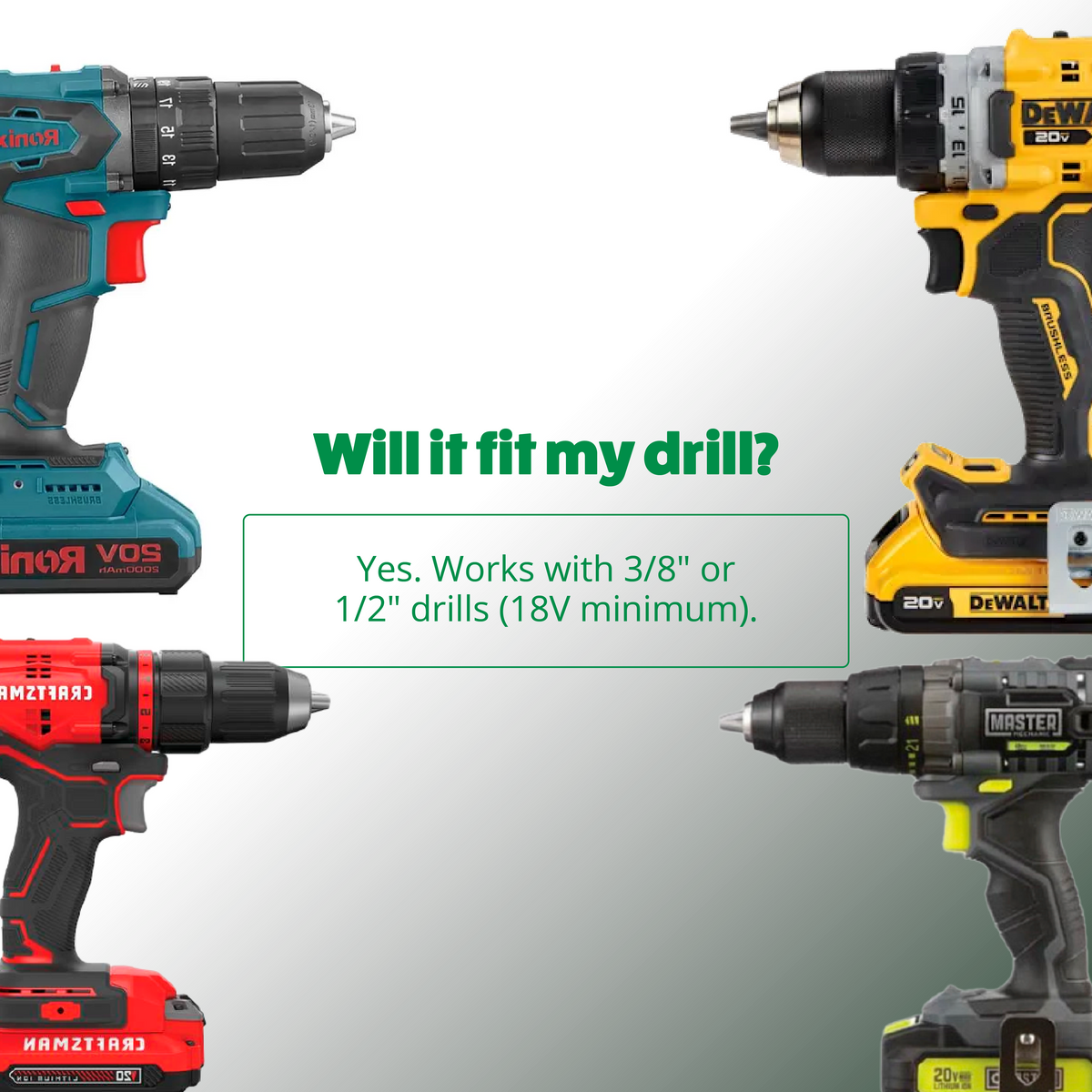 Four different cordless drills with text asking if they will fit a specific drill model.