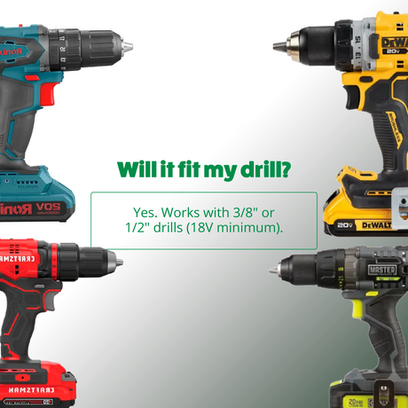 Four different cordless drills with text asking if they will fit a specific drill model.
