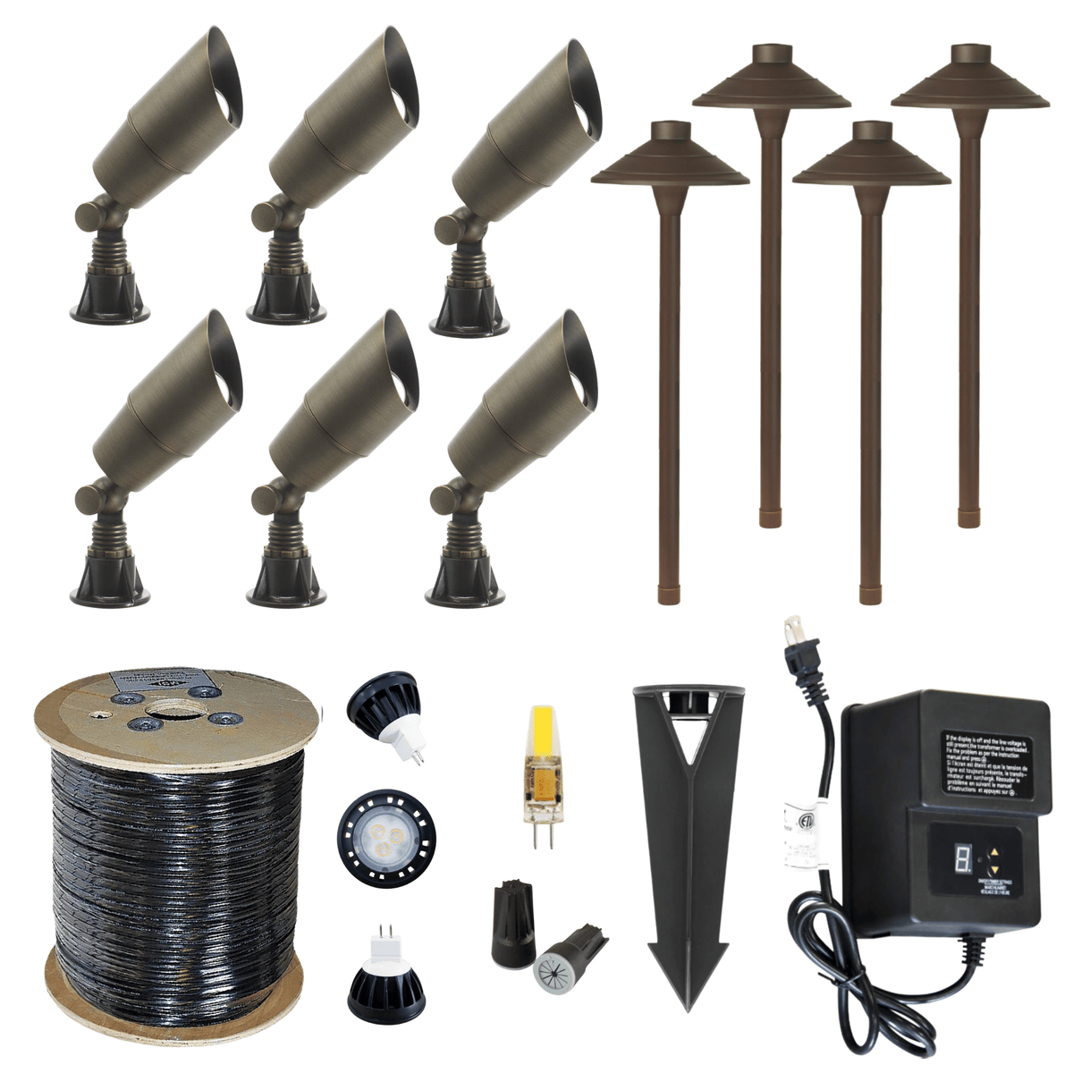 LED Landscape Spotlight & Path Lighting Kit - 6 Spotlight, 4 Path Light Set - Power Planter Augers
