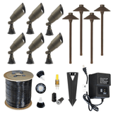 LED Landscape Spotlight & Path Lighting Kit - 6 Spotlight, 4 Path Light Set - Power Planter Augers
