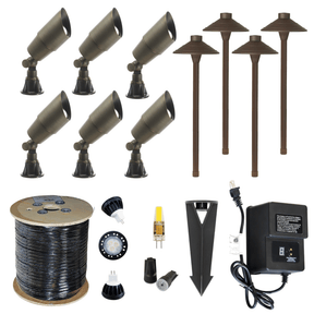 LED Landscape Spotlight & Path Lighting Kit - 6 Spotlight, 4 Path Light Set - Power Planter Augers