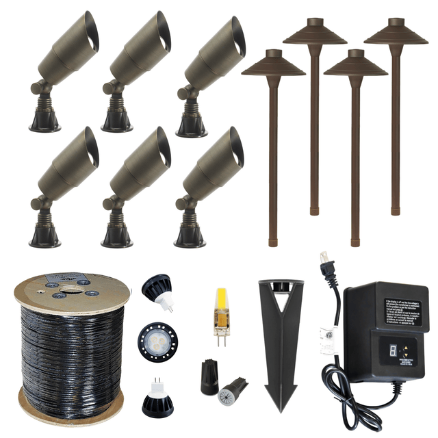 LED Landscape Spotlight & Path Lighting Kit - 6 Spotlight, 4 Path Light Set - Power Planter Augers